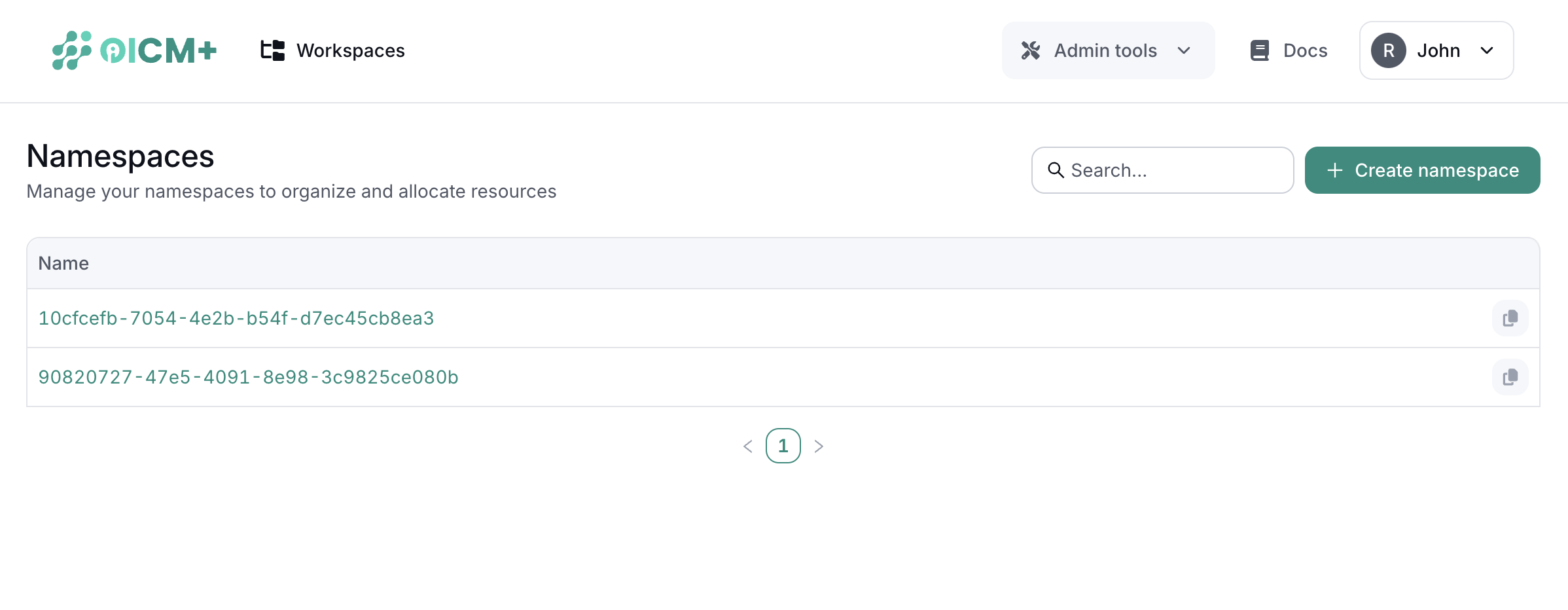 Screenshot of Namespaces Management Page