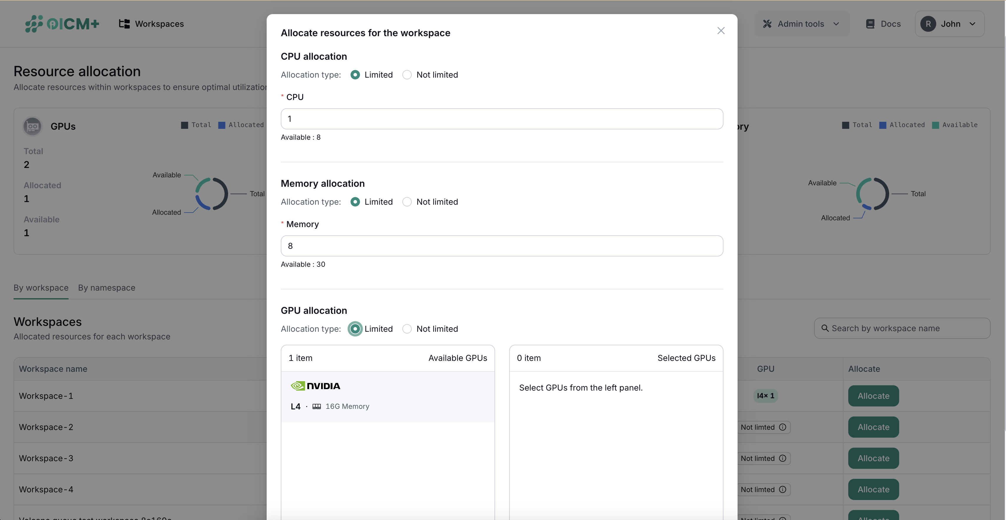 Screenshot of Workspace Allocation Popup