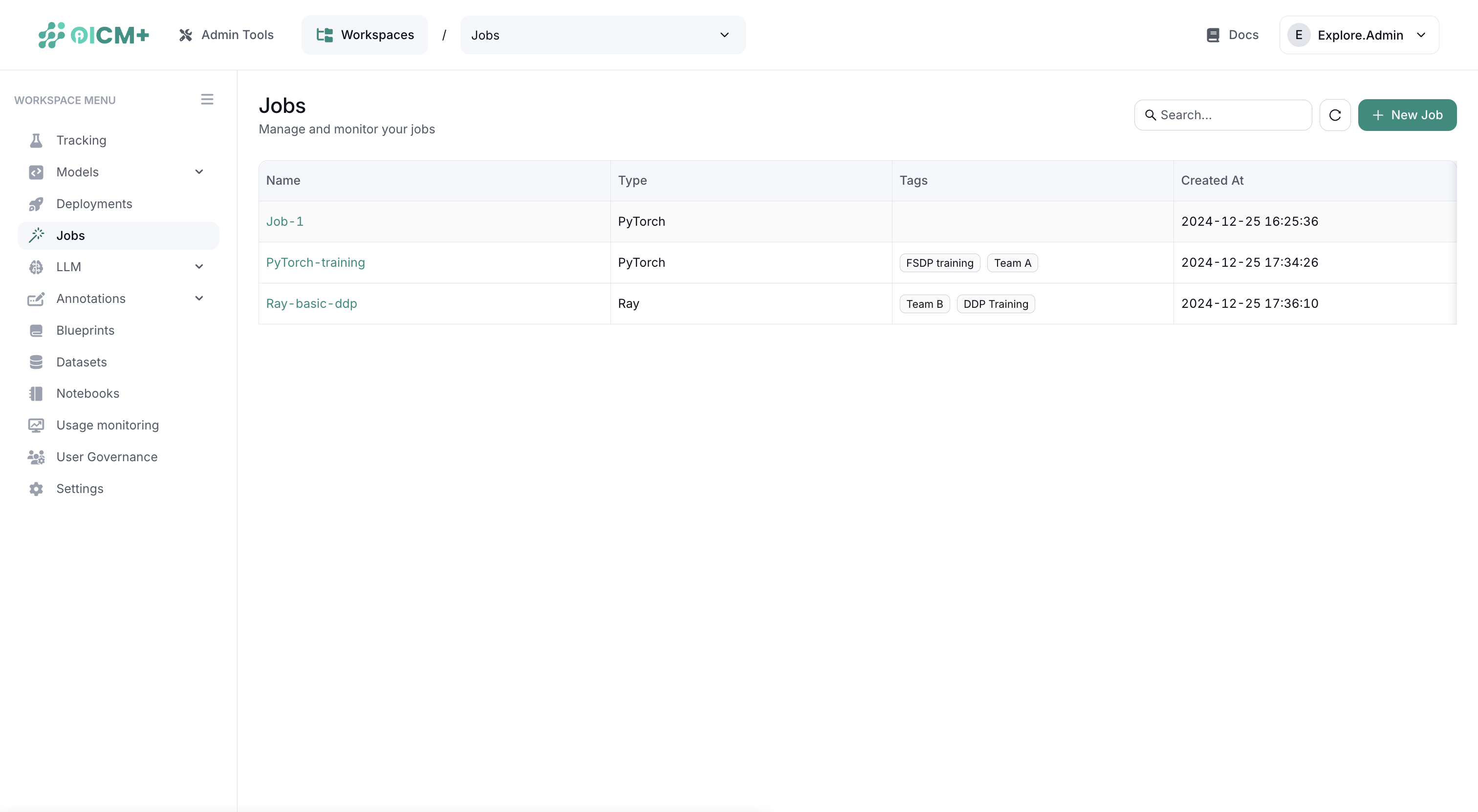 Jobs list showing all jobs in a tabular view