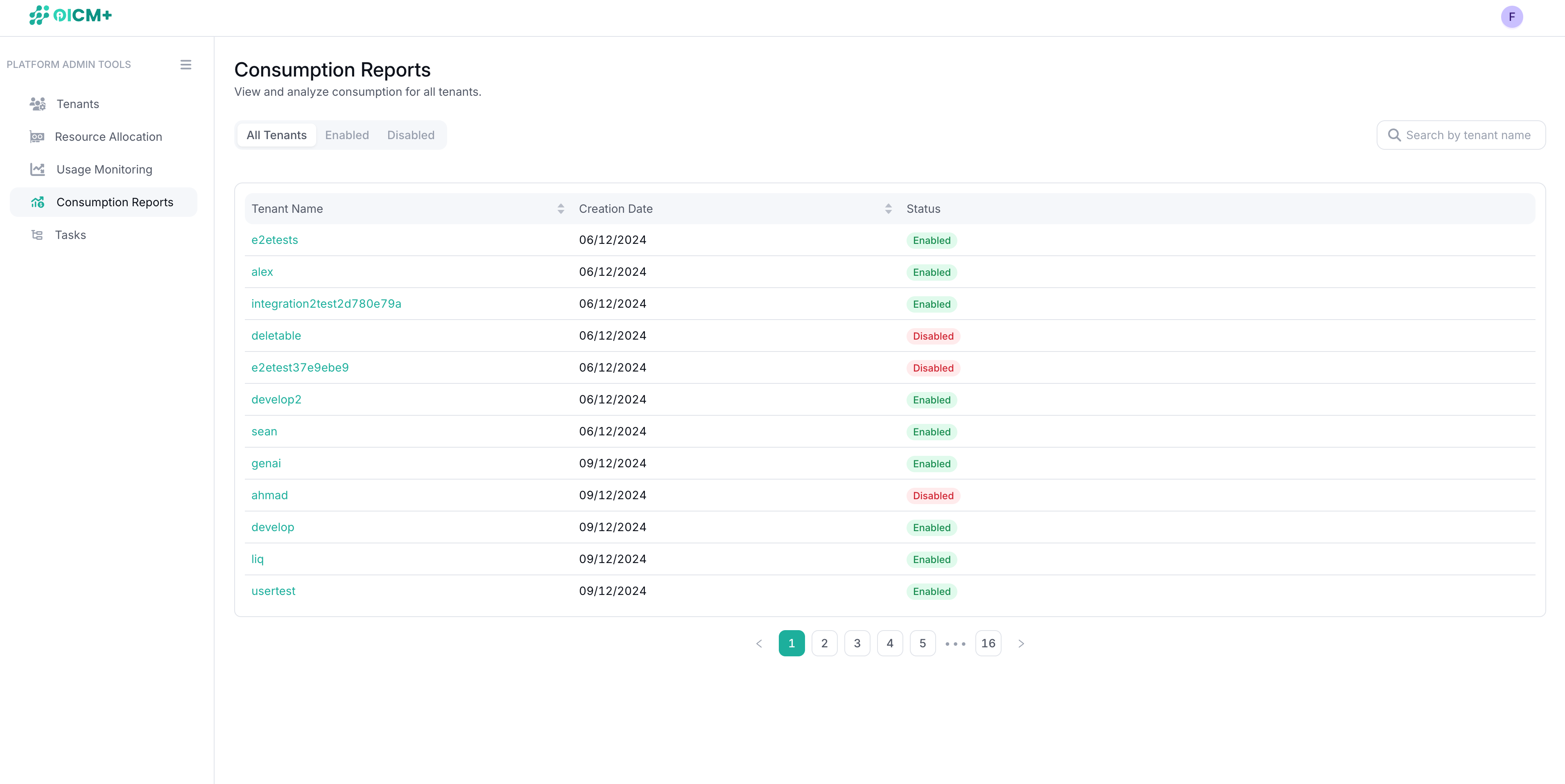 Screenshot of Consumption Reports Main Page