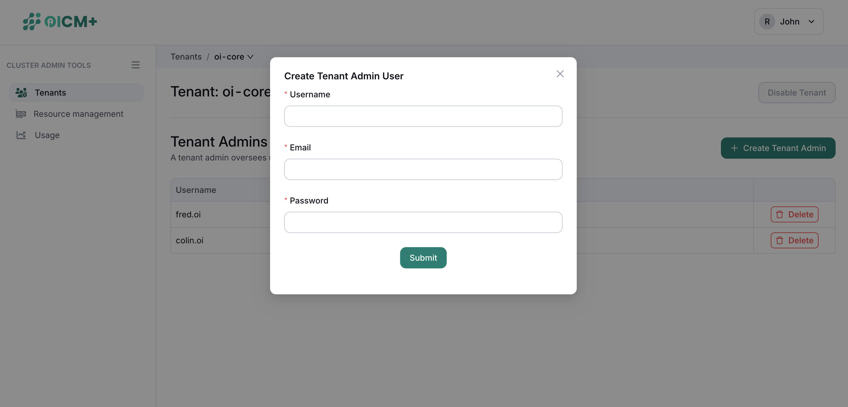 Screenshot of Create Tenant Admin Form