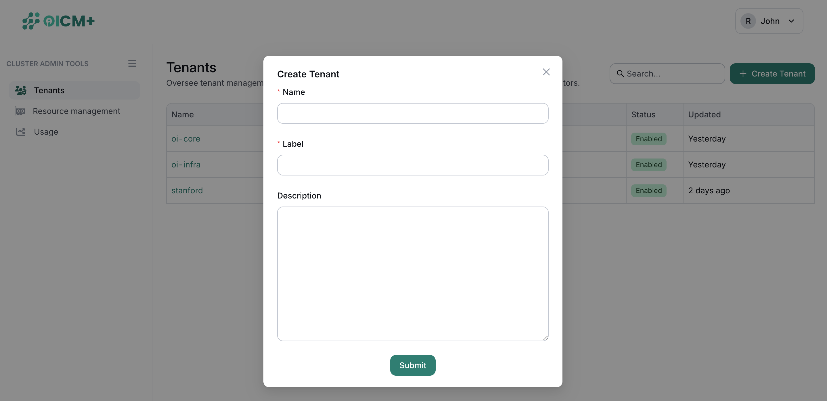 Screenshot of Create Tenant Form