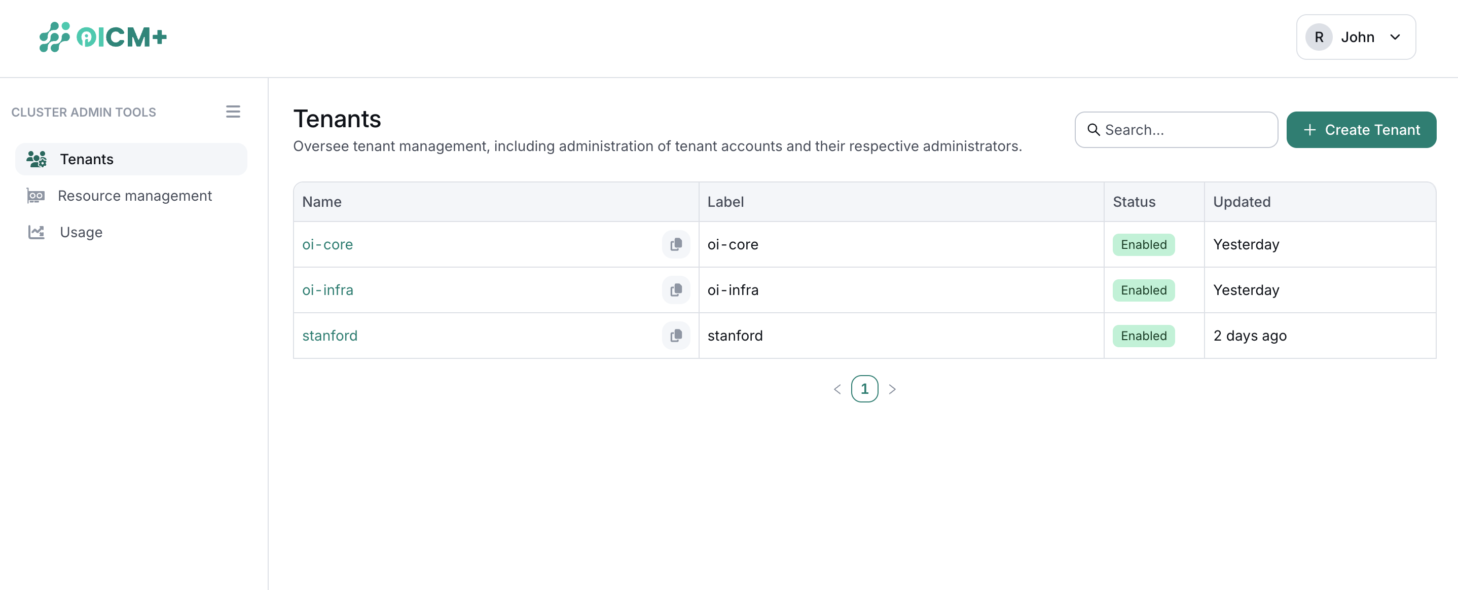 Screenshot of Tenant Management Main Page