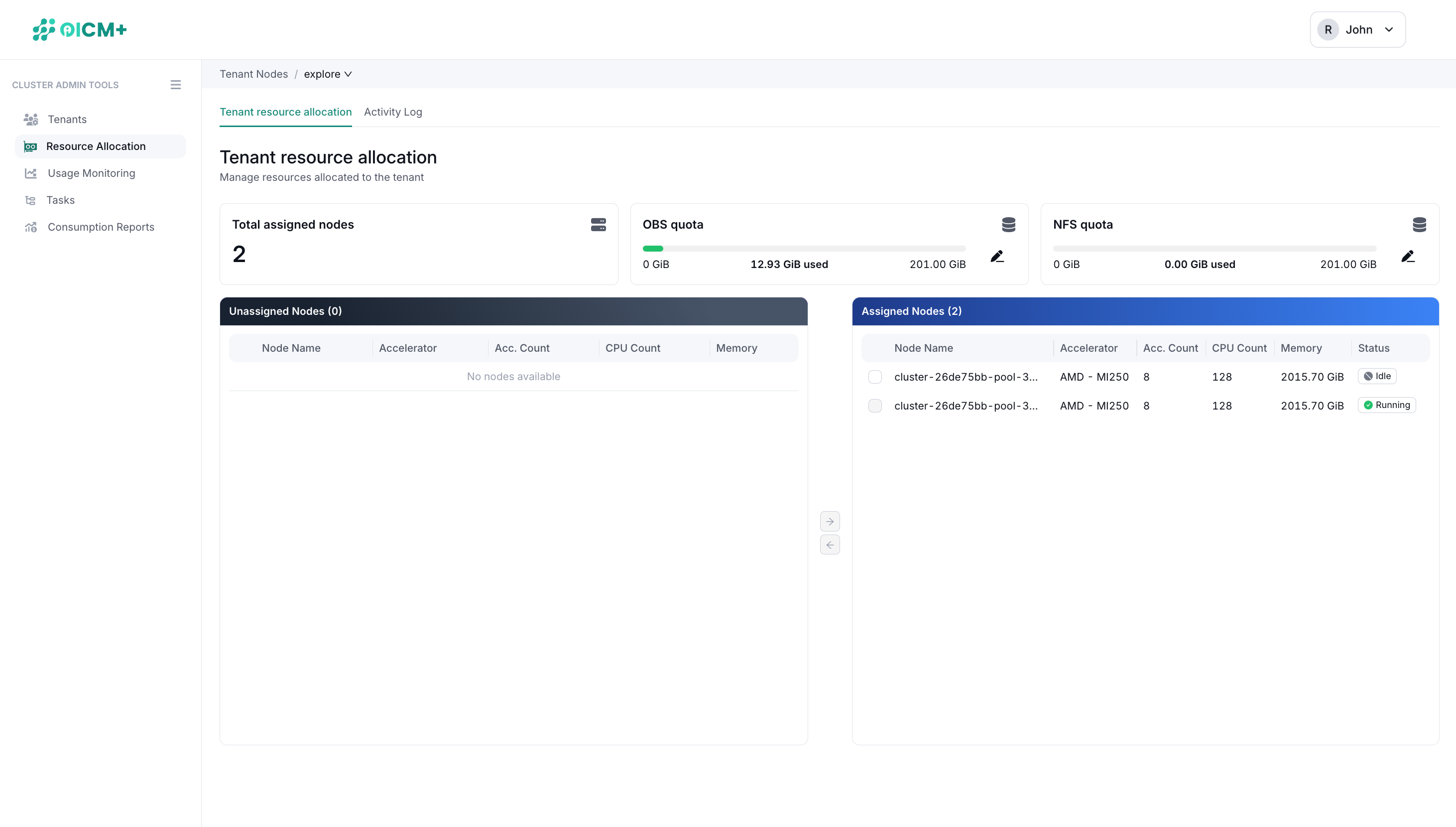 Screenshot of Tenant Node Management UI